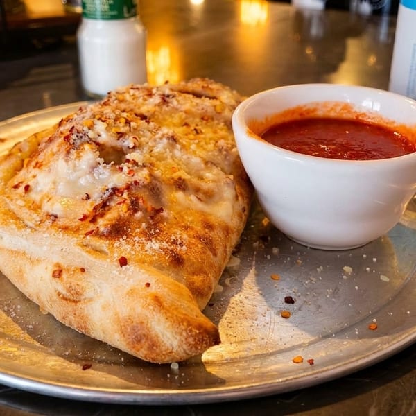 A golden-brown calzone topped with cheese and red pepper flakes, served with a side of marinara sauce.