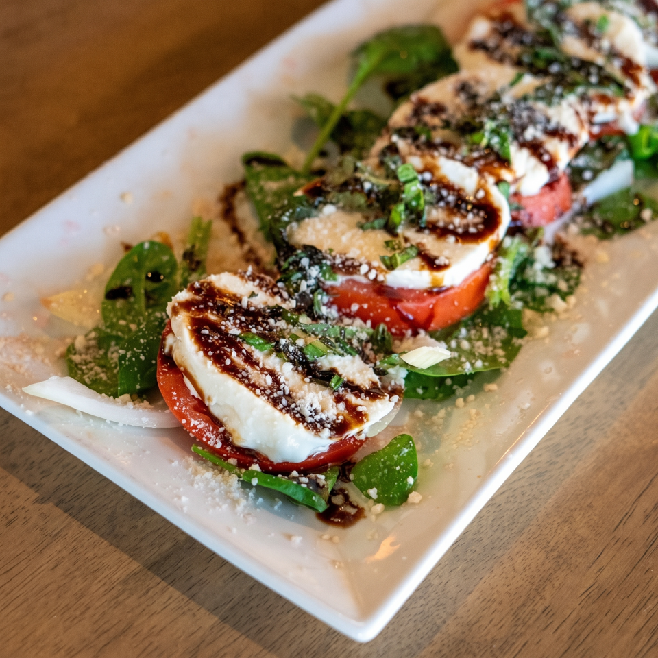 Caprese salad with sliced mozzarella, tomatoes, spinach, balsamic glaze, and grated cheese on a white plate.