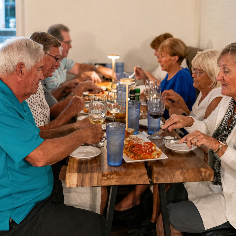 A group of people dining at a long wooden table, enjoying food and drinks.