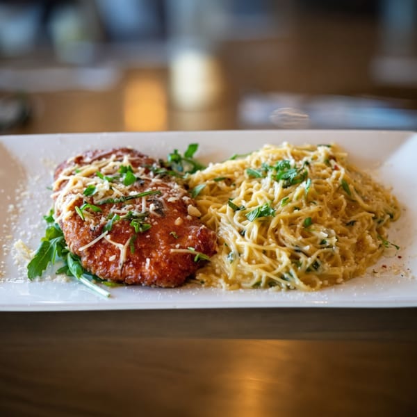 Chicken parmesan with spaghetti, topped with fresh herbs and grated cheese on a white plate.