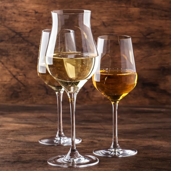 Three glasses of white wine, one sparkling, on a rustic wooden table.
