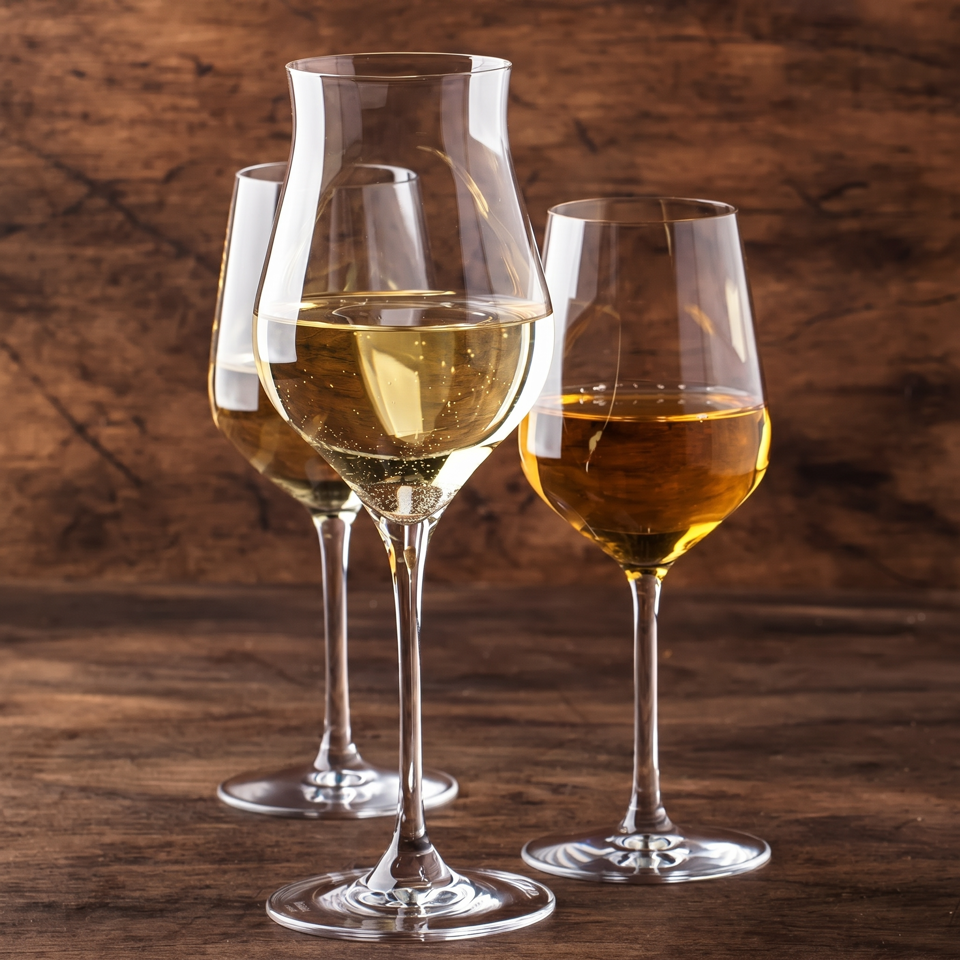 Three glasses of white wine, one sparkling, on a rustic wooden table.