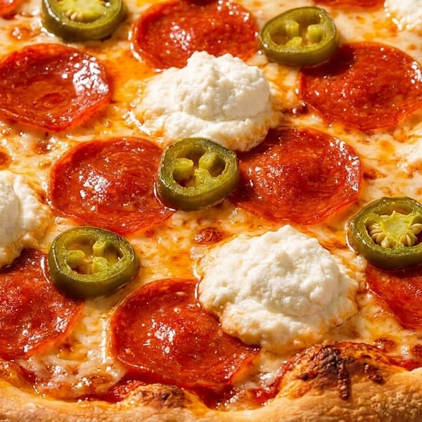 Close-up of a pepperoni pizza with dollops of ricotta cheese and sliced jalapeños.
