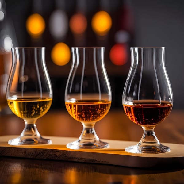 Three glasses of whiskey, varying in color from light to dark amber, on a wooden board.