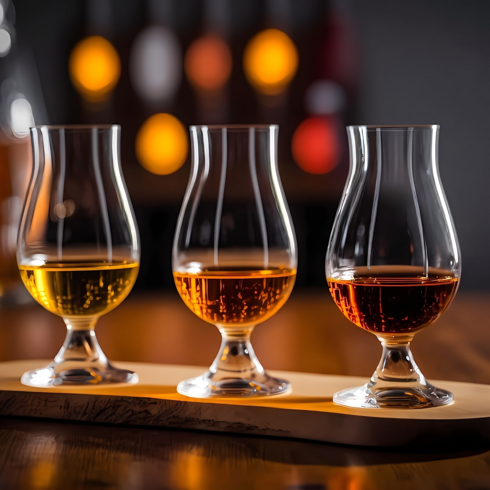 Three glasses of whiskey, varying in color from light to dark amber, on a wooden board.