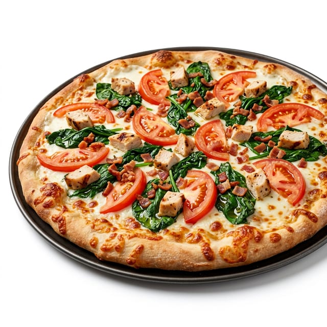White chicken, bacon, spinach, tomato.
